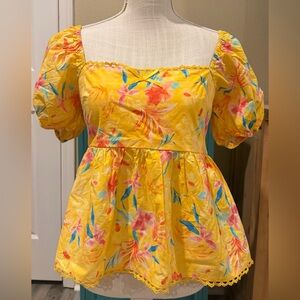 NWT Umgee She’s a Beauty Yellow Floral Puff-Sleeve Peplum Top